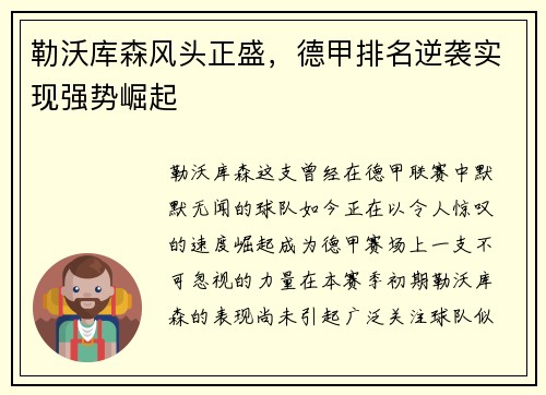 勒沃库森风头正盛，德甲排名逆袭实现强势崛起