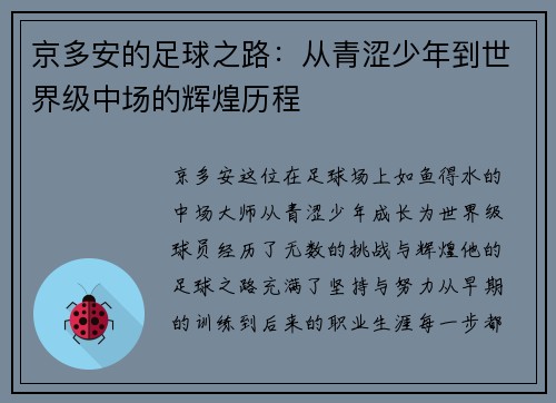 京多安的足球之路：从青涩少年到世界级中场的辉煌历程